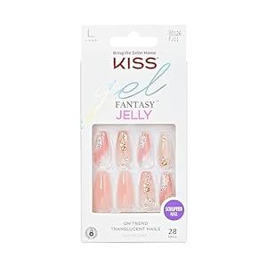 KISS Jelly Fantasy Press On Nails, Nail glue included, 'Jelly Cat', Multicolor, Long Size, Coffin Shape, Includes 28 Nails, 2g glue, 1 Manicure Stick, 1 Mini File