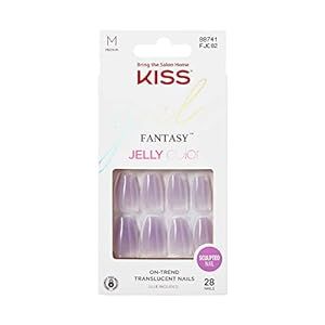 KISS Gel Fantasy Press On Nails, Nail glue included, Quince Jelly', Purple, Medium Size, Coffin Shape, Includes 28 Nails, 2g glue, 1 Manicure Stick, 1 Mini File