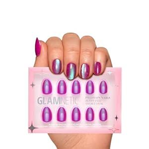 Glamnetic Press On Nails - Berry Fizz | Short Oval, Magenta Nails with a Mesmerizing Metallic Finish | 15 Sizes - 30 Nail Kit with Glue