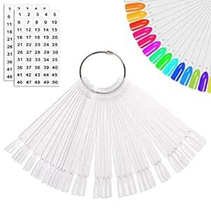 JASSINS 50 Pcs Nail Swatch Sticks with Ring and Numbered Tips - Clear Fan-shaped Display for Nail Art Polish Practice