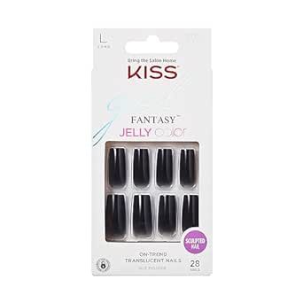 KISS Gel Fantasy Press On Nails, Nail glue included, 'Jelly Gelee', Black, Long Size, Square Shape, Includes 28 Nails, 2g glue, 1 Manicure Stick, 1 Mini File