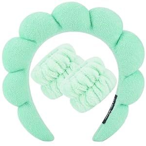 Zkptops Spa Headband for Washing Face Wristband Set Sponge Makeup Skincare Headband Wrist Towels Bubble Soft Hairband for Women Puffy Headwear Winter Non Slip Thick Thin Hair Accessory(Light Green-3)