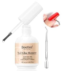 Beetles Nail Glue Remover Glue 20ml for False Nails, Press on Nails Glue Remover for Fake Nail Tips Acrylic Nail Adhesive Remover with Cuticle Pusher, Not for Uv Gel Glue or Gel Polish