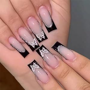 Black French Tip Press on Nails Long Coffin Fake Nails With Butterfly Charms Square Black False Nails 3D Silver Butterflies Rhinestones Glitter Nail Tip Design Acrylic Glue on Nails for Women Girls