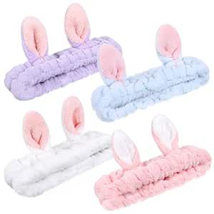4 Pack Elastic Makeup Headbands for Women Bunny Ear Spa Headbands for Face Washing Fashion Cute Fluffy Elastic Makeup Headband Hairband for Skincare Make up Shower