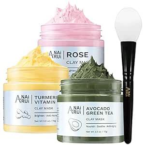 ANAI RUI Turmeric Vitamin C Clay Mask -Rose Facial Mask –Avocado Green Tea Mud Mask,Facial Mask Skincare for Deep Cleansing,Purify Pores SPA Mask Set 2.5 oz each