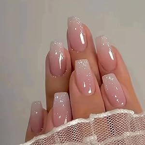 Press on Nails Medium Coffin MABKJLF French Fake Nails Pink Full Cover White Gradient False Nails with Designs Glossy Glue on Nails Acrylic Nails Artificial Nails for Women Girls 24Pcs