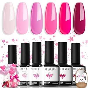 modelones Pink Gel Nail Polish Set 6 Colors, Hot Pink Tones Neon Pink Shades Magenta Sakura Light Soft to Dark Nail Art Design for Women Girls Salon DIY Home Manicure Kit Easter Nails Gift