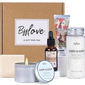 Spa Gifts for Women Bff Love Gift Set for Women 5pcs Cherry Blossom Spa Set, Birthday Gifts for Women with Massage Oil, Scented Candle, Bath Salts, Hand Cream, Easter Gifts for Women