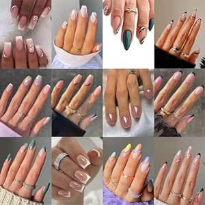 12packs(288Pcs) Press on Nails - OPkssnails French Tip Press on Nails Short Almond And Square Medium Nails,Reusable Press On Nails Kit with Nail Glue for Women