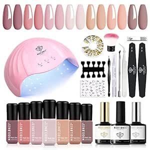 GNK Modelones Gel Nail Manicure Kit With 48w U V Led Nail Lamp Starter Kit, 22 Pcs Nude Pink Soak Off Nail Gel Polish Set No Wipe Base & Top Coat Bond Primer Diy Home Nail Curing