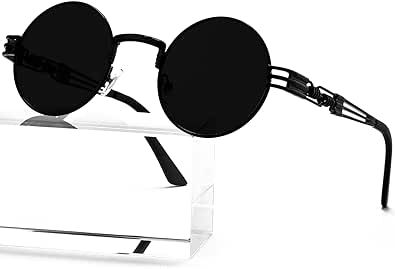 AIEYEZO Round Steampunk Sunglasses Circle Lennon Hippie Glasses Metal Frame 100% UV Blocking Lens