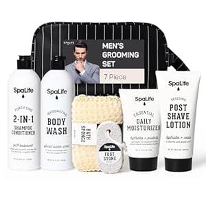 SpaLife 7-Piece Bath and Body Men Grooming Gift Set - 2-in-1 Shampoo & Conditioner, Body Wash, Daily Moisturizer, Post-Shave Lotion, Bath Sponge & Foot Stone for Luxurious At-Home Spa