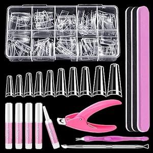 Clear Coffin Nail Tips Set, MORGLES 500pcs Long Nail Tips for Acrylic Nails Professional Half Cover Ballerina French Nail Tips Fake Nails Kit with Nail Glue, Clipper, Files, Cuticle Pusher and Fork