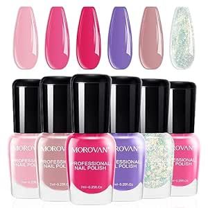 Morovan Nail Polish Set Fingernail: Pink Glitter Quick Dry Nail Polish Kit Regular Nail Polish Bulk 0.25 oz Finger Nail Polish Pack Glossy Toenail Polish at Home Nail Polish Gifts for Women