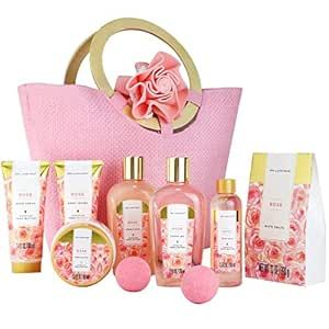 Spa Luxetique Gifts for Women - 10pc Rose Gift Basket, Deluxe Spa Tote Bag Bath Set with Wooden Handle, Bath Salt, Hand Soap, Body Butter, Mothers Day Gift Sets, Easter Gifts for Women