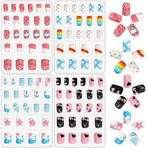 JANYUN 96 Pcs Fake Nails for Kids Pre-glue Full Cover Short False Nails Children Nails Lovely Gift