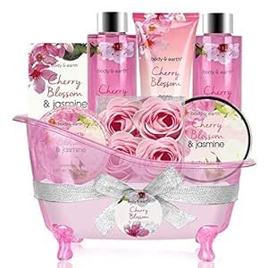 Gift Baskets for Women - Body & Earth Bath and Body Gift Set for Women, Cherry Blossom & Jasmine Spa Gifts with Bubble Bath, Shampoo Soap Lotion Set, Regalos Para Mujer, Easter Gifts for Women