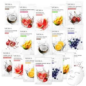 Dunzy 24 Pcs Fruit Face Masks Skincare Set Organic Sheet Facial Mask Beauty Skin Care for Kids Girls Night Spa Party Supplies- Hydrating,brightening,soothing,pore Purifying for All Skin Types