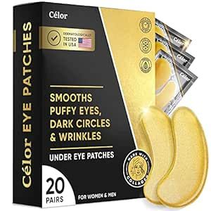 CELOR Under Eye Patches (20 Pairs) - Golden Eye Mask with Amino Acid & Collagen, Cooling Eye Care for Wrinkles, Puffy Eyes & Dark Circles, Skincare Treatment for Men & Women, Vegan & USA Tested