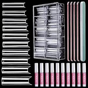 Extra Long Clear Nail Tips, HNYYZL 240Pcs XXL Square Straight Nails Half Fake Nail Tips Kit C Curve Nail Tips Half Cover for Acrylic Nail Tips, with Nail Glue and Nail File, for Nail Salon Home DIY