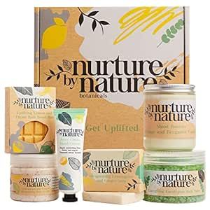 Nurture by Nature Relax & Uplift Pamper Spa Kit - Spa Gift Baskets for Women, Organic Self Care Kit - Bath Salts, Bath Bombs, Candle, Birthday & Mothers Day Gift - At Home Spa kit for women, Bath Set