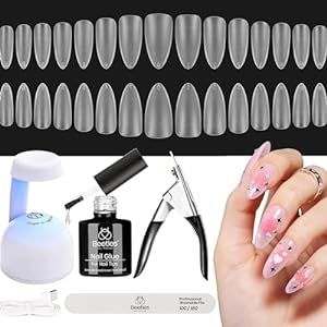 Beetles Easy Gel Nail Extension Kit with Pre-etched Soft Gel Nail Tips Matte Medium Almond Shaped, 5 In 1 Nail Glue Gel Base Coat and Innovative UV Nail Lamp Acrylic Nail Clipper for Diy Home Manicure