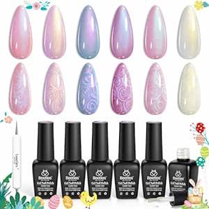 Beetles Pearl Gel Nail Polish, 6 Colors Shimmer Pearl White Pink Purple Mermaid Nail Drawing Spring Easter Gel Polish Soak Off Uv Led Gel Polish Swirl Shell Thread Effect DIY Manicure Gift for Girls