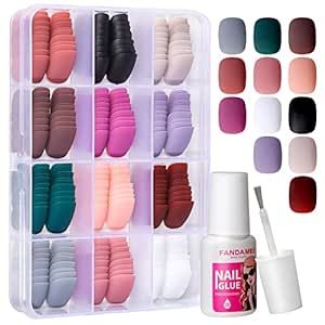 Matte Press on Nails Short, FANDAMEI 12 Packs 288PCS Acrylic Short Fake Nails Full Cover Small, Matte Short Glue on Nails with 10g Nail Tips Glue, 12 Solid Color False Nails for Small Hands