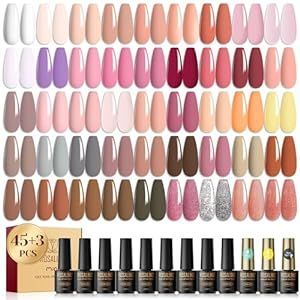 ROSALIND 48 PCS Gel Nail Polish Set, White Nude Pink Colors Gel Nail Set with Base Coat No Wipe & Matte Top Coat Used Nail Lamp curing Gel Polish Set Gifts Collection