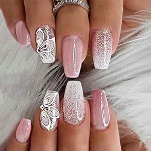 Gradient Pink Press on Nails Medium Coffin Fake Nails with Flower Rhinestone Designs Glossy Full Cover Stick on Bling Sequins Artificial Acylic False Glue on Nails for Women