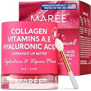 MAREE Lip Mask with Hyaluronic Acid & Coconut Oil - Overnight Collagen Lip Butter to Nourish & Hydrate Dry Cracked Lips - Moisturizer for Skin Care with Shea & Cocoa Butter - Sleeping Lip Butter Balm