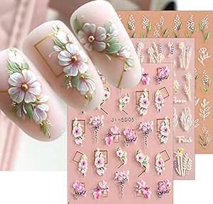 3D Embossed Flower Leaves Nail Art Stickers Decals 4 Sheets 5D Self-Adhesive Pegatinas Unas Summer Nail Supplies Nail Art Design Decoration Accessories