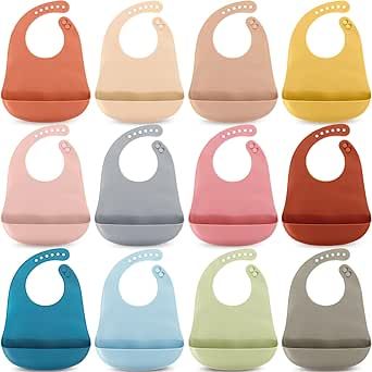 12 Pcs Silicone Bibs Waterproof Silicone Baby Bibs Soft Adjustable Baby Feeding Bib Unisex Baby Eating Supplies