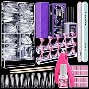 Teenitor Clear Coffin Nail Tips Set, Long Acrylic Nail Tips Full Cover Clear Press On Nails, 600pcs Ballerina Fake Nails with Nail Glue, Acrylic Nail Clipper, Nail Stand With Putty, Cuticle Oil