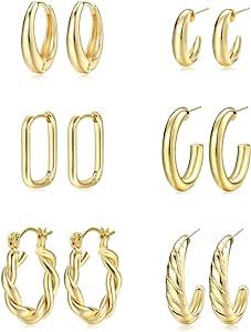 Gold Hoop Earrings Set for Women, 6 Pairs 14K Gold Plated Lightweight Hypoallergenic Chunky Open Hoops Jewelry for Gift