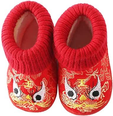 Happyyami Winter Shoes Children Warm Chinese Tiger Head Shoes Embroidered New Years Celebration Fur Footwear for Kid Baby Infant Toddler Boy Girls Red