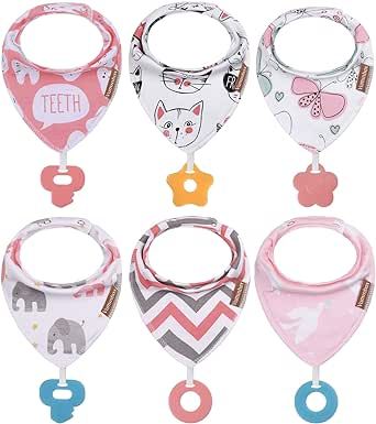 Baby Bandana Drool Bibs 6-Pack and Teething Toys 6-Pack Made with 100% Organic Cotton, Absorbent and Soft Unisex