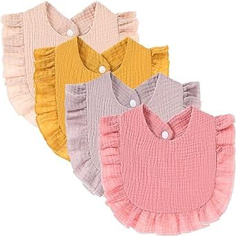 4 PACK Solid Muslin Baby Drool Bibs Set for Unisex Boys Girls Cotton Adjustable Teething Feeding Drooling Bibs