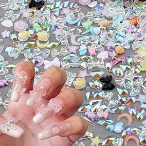 50pcs Aurora Bow Kawaii Nail Charms for Acrylic Nails, 3D Bowknot Bears Star Moon Butterfly Nail Art Charms Aurora Nail Rhinestones Nail Gems Resin Charms for Nails Flatback Rhinestones for Nails DIY