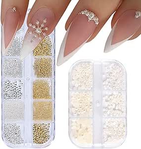 Nail Art Pearls Flatback Pearls Nail Charms Gold Silver White Half Round Nail Art Supplies Luxurious Nail Rhinestones Accessories Mixed Sizes 0.03-0.2in for Women Nail Design Decoration,White