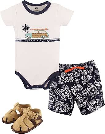 Hudson Baby Unisex Baby Cotton Bodysuit, Shorts and Shoe Set, Surf Car, 3-6 Months