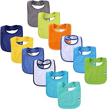 12 Pack Terry Drool Cotton Bibs, Unisex Baby Bibs with Fiber Filling Waterproof for Feeding, Teething, Drooling