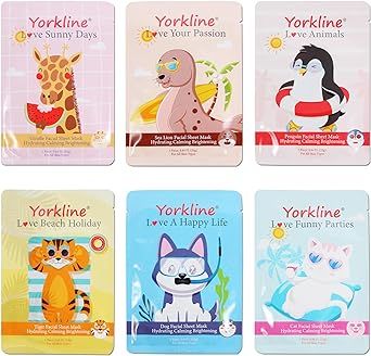 Yorkline Animal Facial Sheet Mask, Spa Mask, Party Gift for Her, Character Sheet Mask for Kids, Girls Night, Fun Face Mask with Animal Character