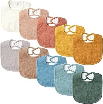 Set of 10 Muslin Baby Bibs for Unisex Boys and Girls, Organic Soft Cotton Bibs, 10 Solid Colors Set for Drooling and Teething, Baby Bibs for Infants and Newborns.