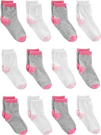 Simple Joys by Carter's Unisex Toddlers' Crew Socks, 12 Pairs, Grey/Pink/White, 4-5T