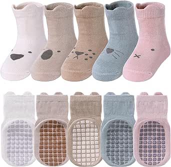 5 Pairs Toddler Non Slip Socks with Grips Baby Socks for Kids Girls Boys