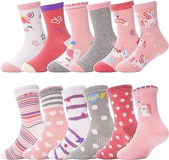 ANTSANG Baby Girls Toddlers Grips Socks Kids Non Slip/Anti Skid Unicorn Striped Crew Cotton Gift Socks