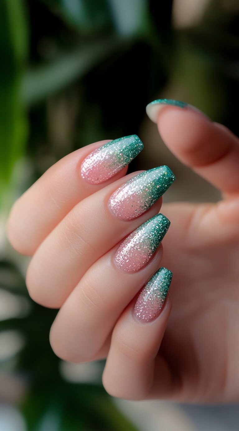 A hand with almond nails featuring a pink to green ombre design covered in sparkling glitter.