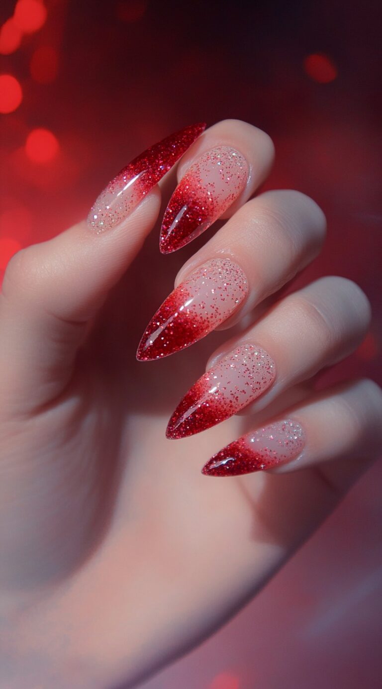 Long almond-shaped nails feature a red glitter ombre fading from sheer base to sparkly red tips.